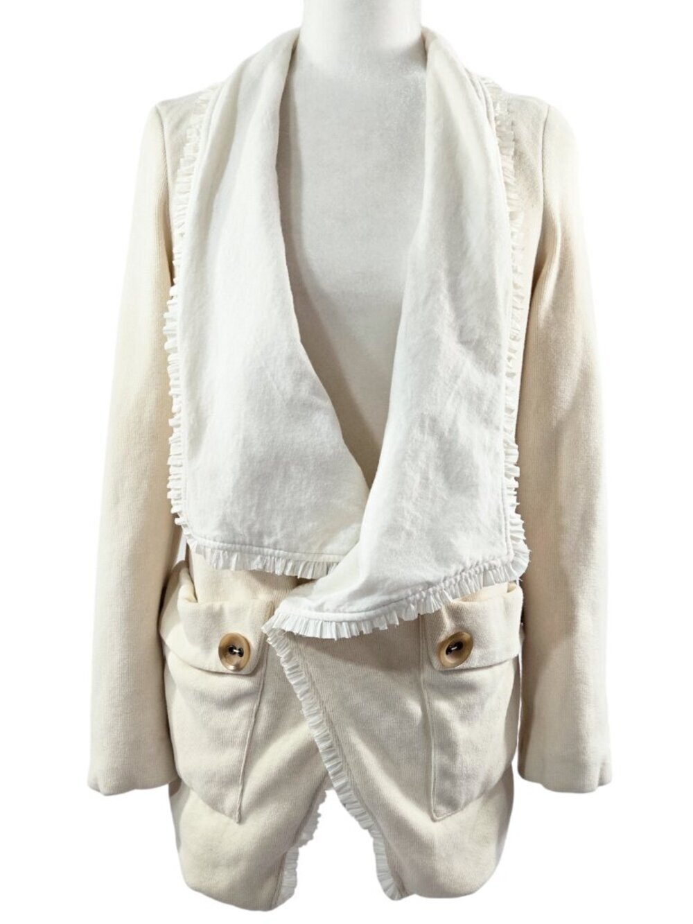 Free People Cream Ivory Knit Sweater Coat Ruffle Trim Boho Shabby Chic Unique